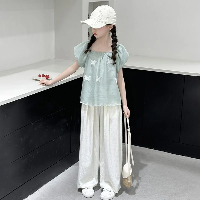 キッズサマーアウトフィット-女の子用フリルスリーブシャツパンツセット-可愛いカジュアルツーピース服-幼児向け-ホットセール-2026新作