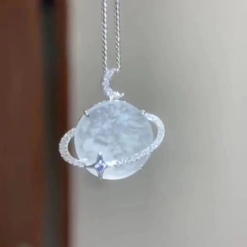 Foydjew 2022 New Trend Saturn Planet Pendant Necklaces Creative Star and Moon White Crystal Necklace For Girl Student Jewelry