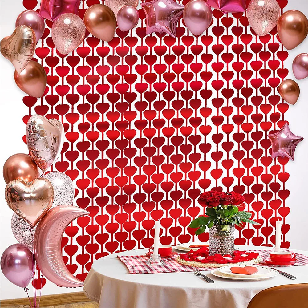 2pcs 1*2m Heart Foil Curtains Red Tinsel Fringe Rain Curtain Party Backdrop Valentine's Day Wedding Birthday Party Supplies