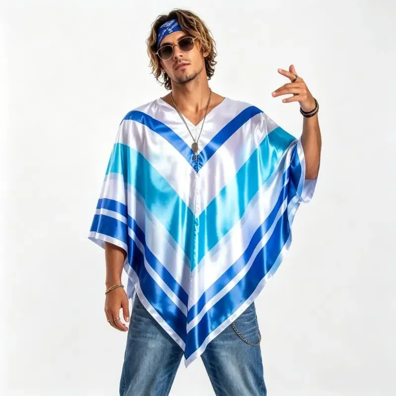 1980s Retro Disco Costume Cape for Women Men Blue Yellow Gradient Striped Satin Poncho Halloween 70s 80s Hippie Cosplay Cloak - view 3