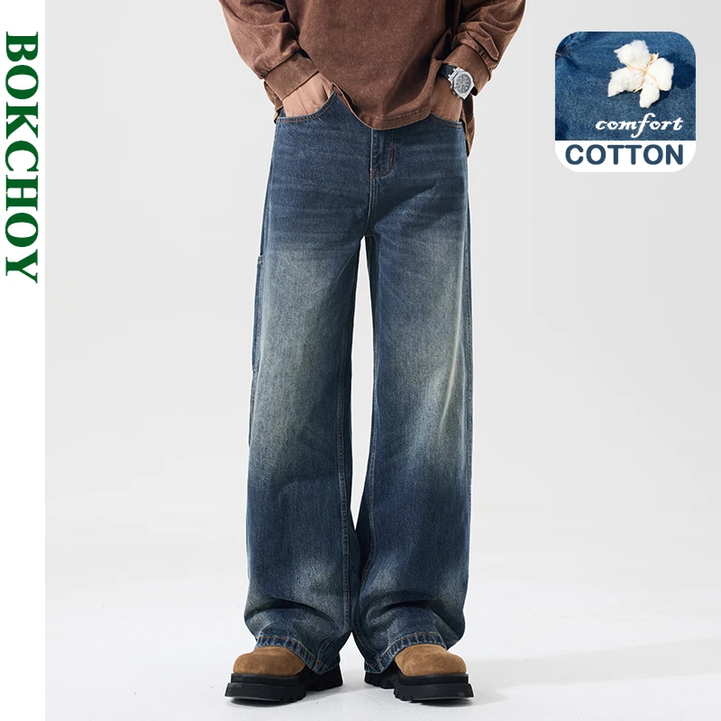 

2025 Autumn New Vintage Washed Cotton Straight Jeans for Men Clothing Loose Comfort Men Trousers AG7308