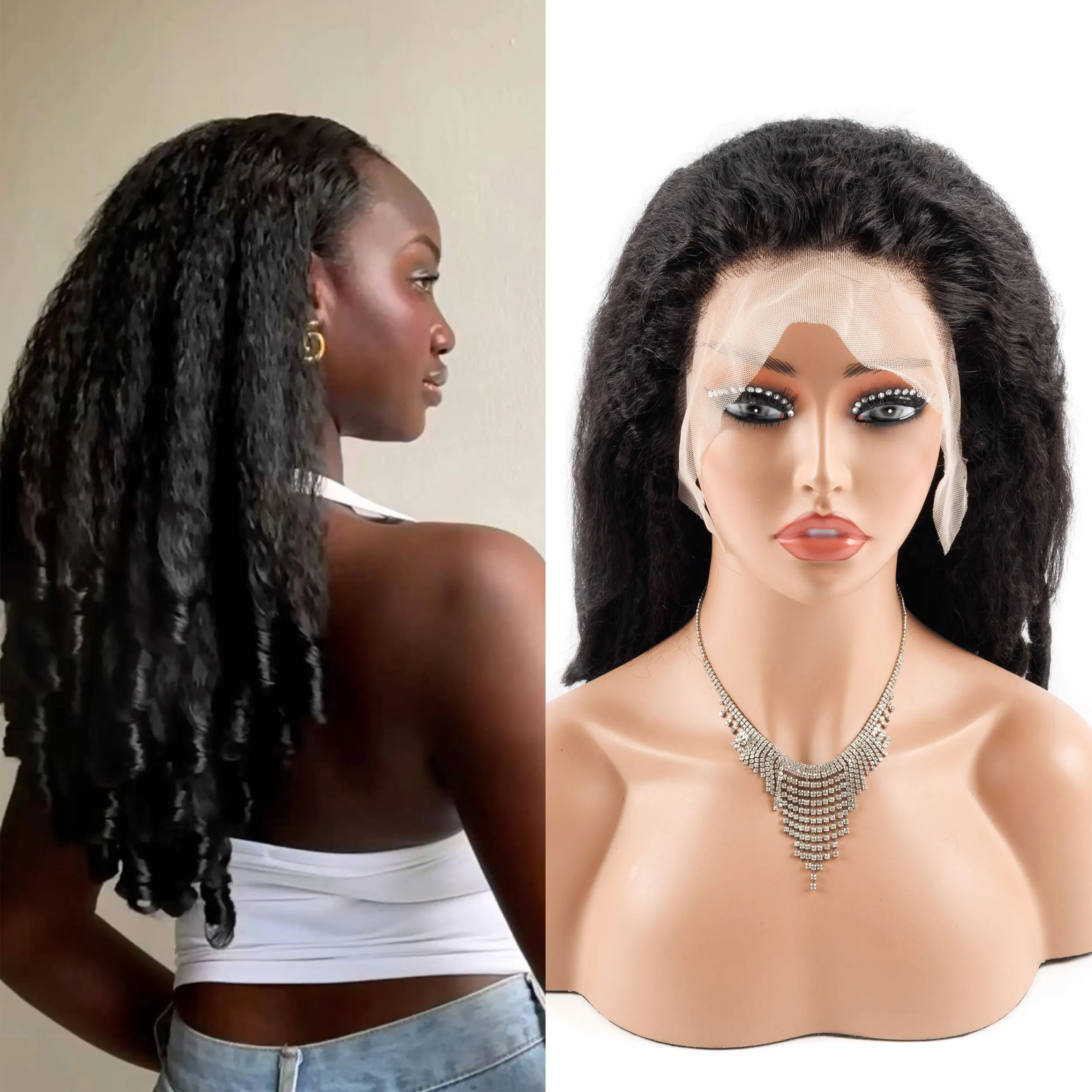 

100% Raw Human Hair Wigs QQKKS 13*4 Lace Frontal Wig Double Drawn 300% Density Kinky Straight Wig with Sprial Curl End