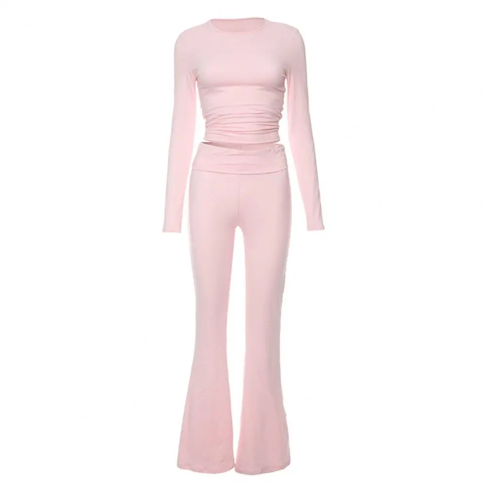 

Women Top Pants Suit Women's Solid Color Top Pants Set with Flared Leg Trousers Round Neck Long Sleeves for Fall for Women