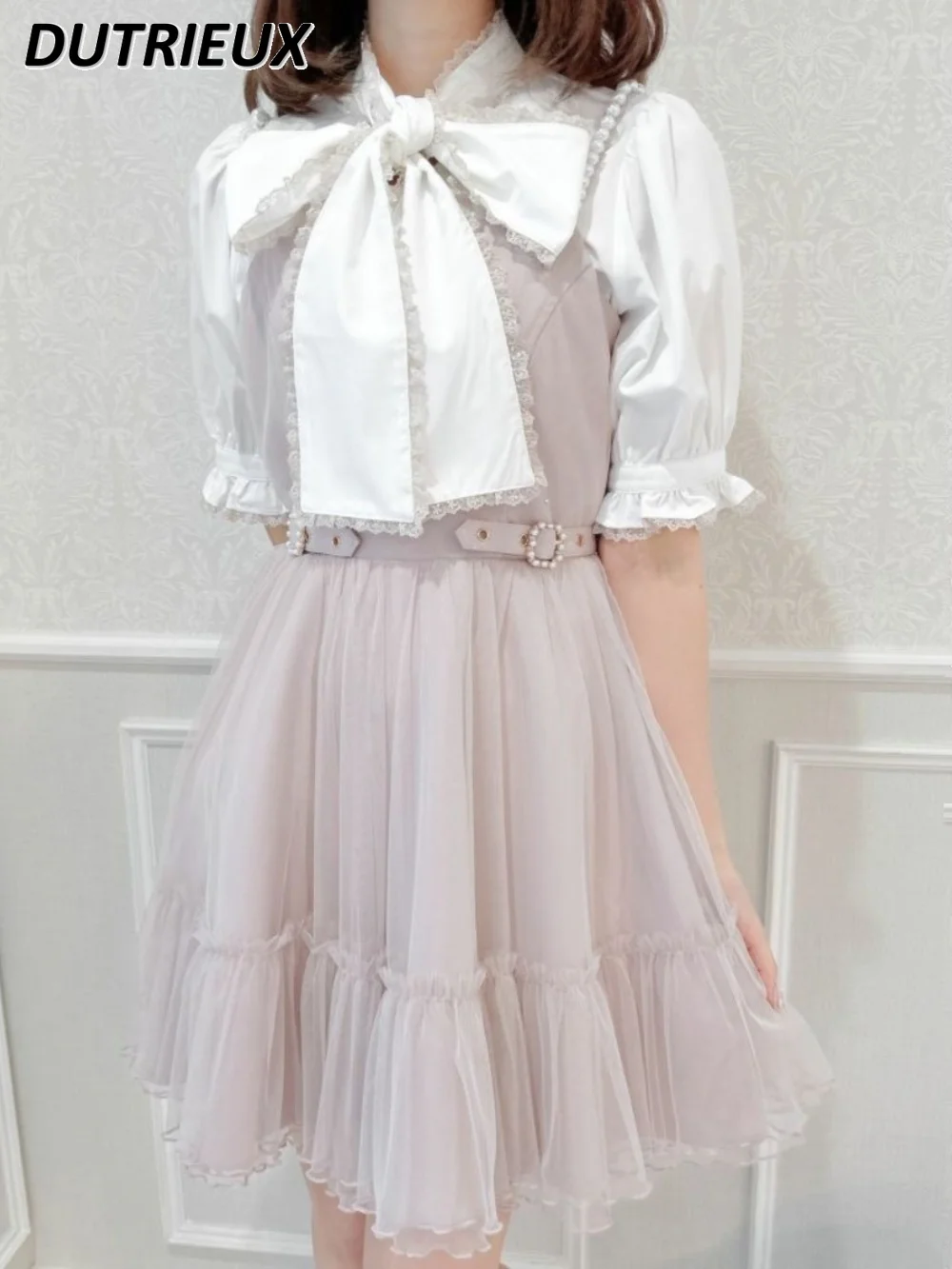 Lolita Pearl Shoulder Strap Waist Studded Tulle Dress for Women Summer All-Matching Sweet Cute Girl Sleeveless Dresses