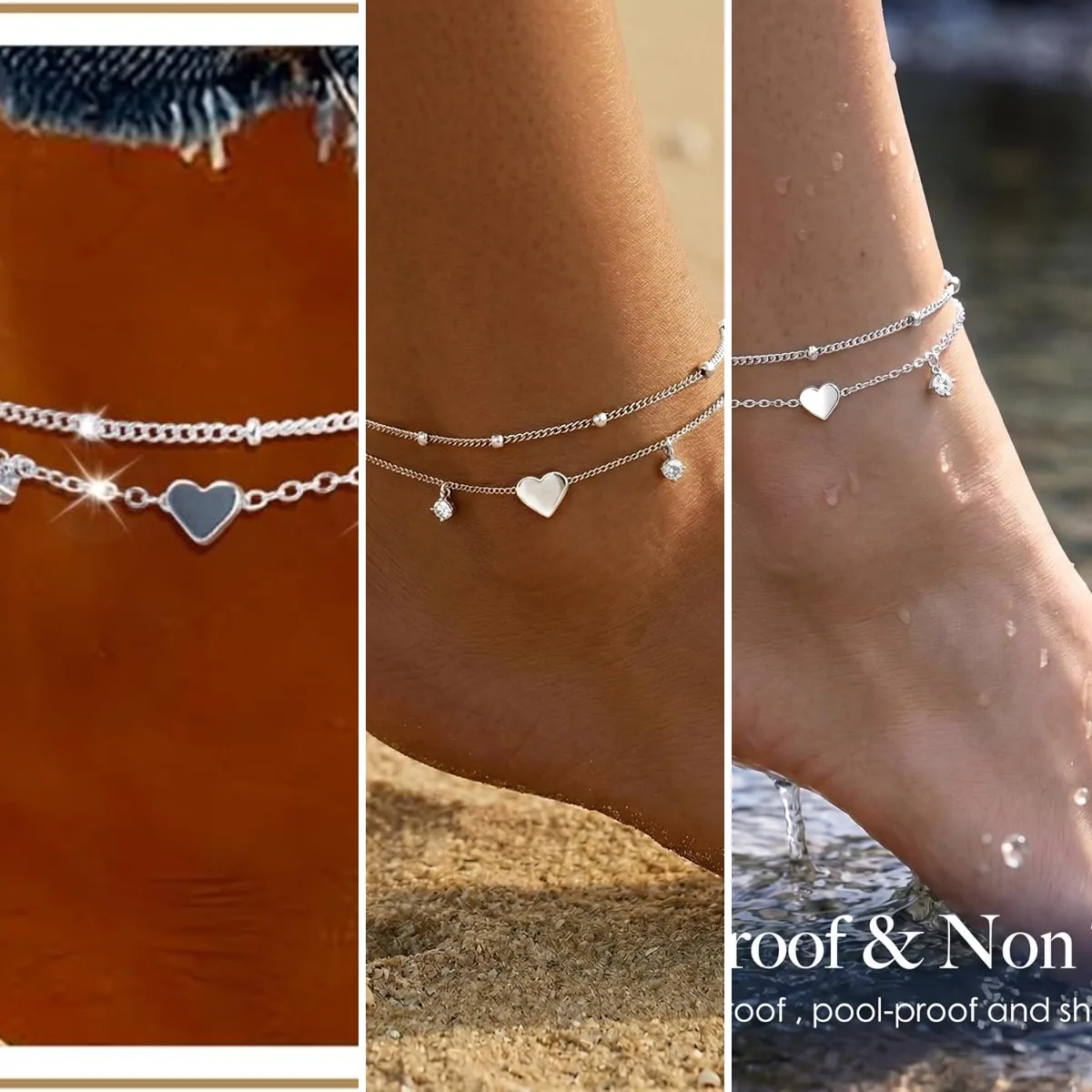 Gold/Sterling Silver Anklet Bracelets for Women Waterproof, Non Tarnish 925 Sterling Sliver Plated Heart Evileye Butterfly Charm