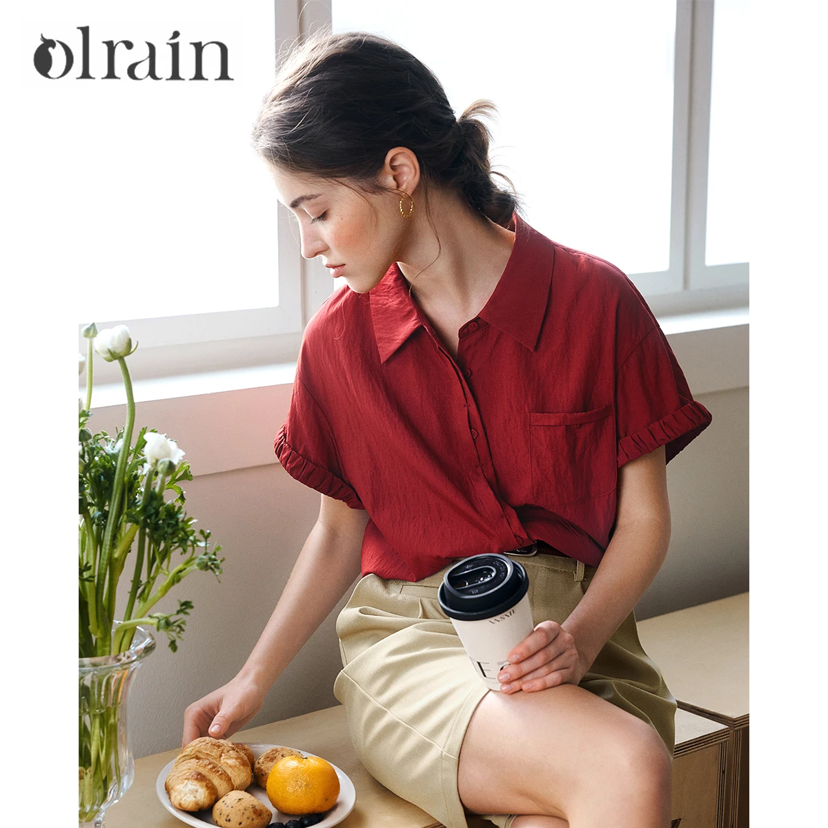 

OLrain Women Summer Red Shirt 2025 French Elegant Vintage Drop Short Sleeve Loose Ladies Tops Female Shirts & Blouses O57XC98010