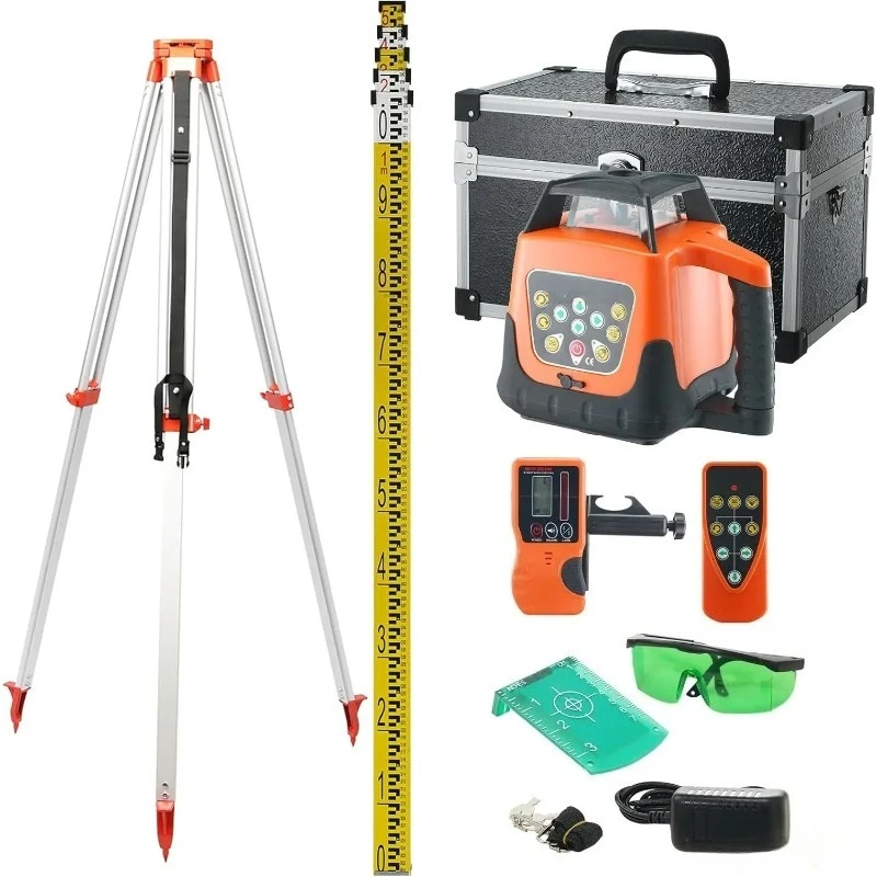 Green Rotary Laser Level with 2000ft Range, 360-Degree Self-Leveling Kit Including Survey Tripod and 5m Staff, IP66 Waterp