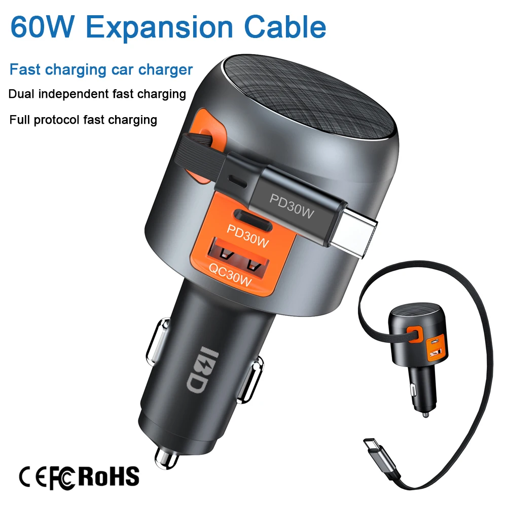 

60W PD 3-in-1 USB Car Charger Lighter Fast Charging Car USB Type C Charger for Xiaomi Samsung Huawei IPhone Drones Headphones