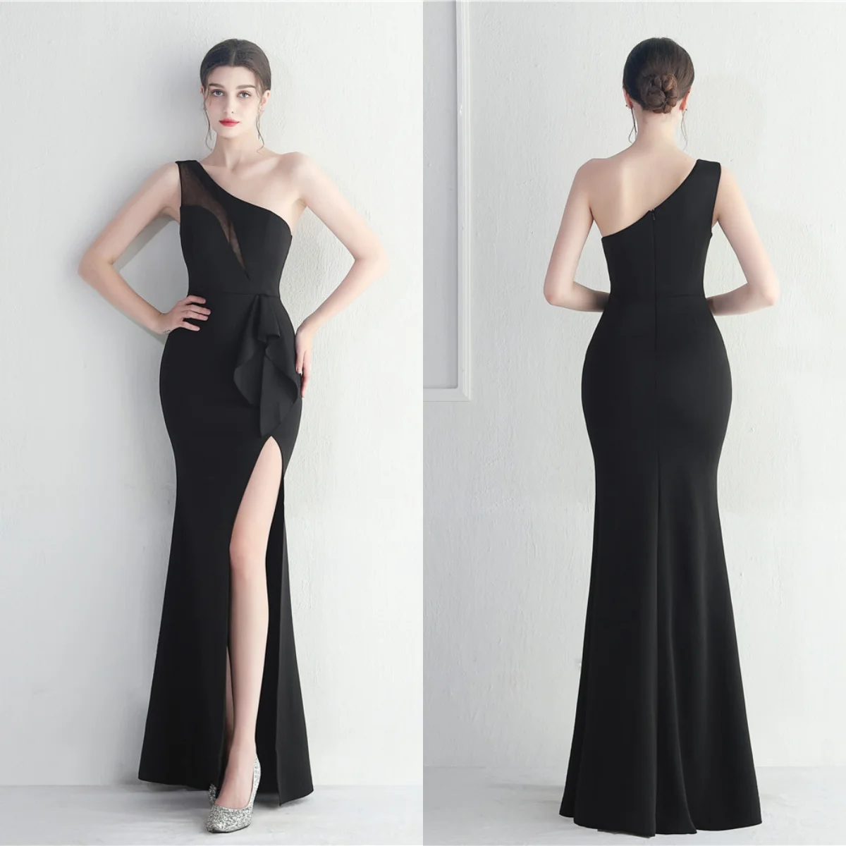 

Evening Dress Black Stretchy One-shoulder Ruffles Zipper Back Mermaid Trumpet Slit Floor Length Women Party Formal Gowns YE184