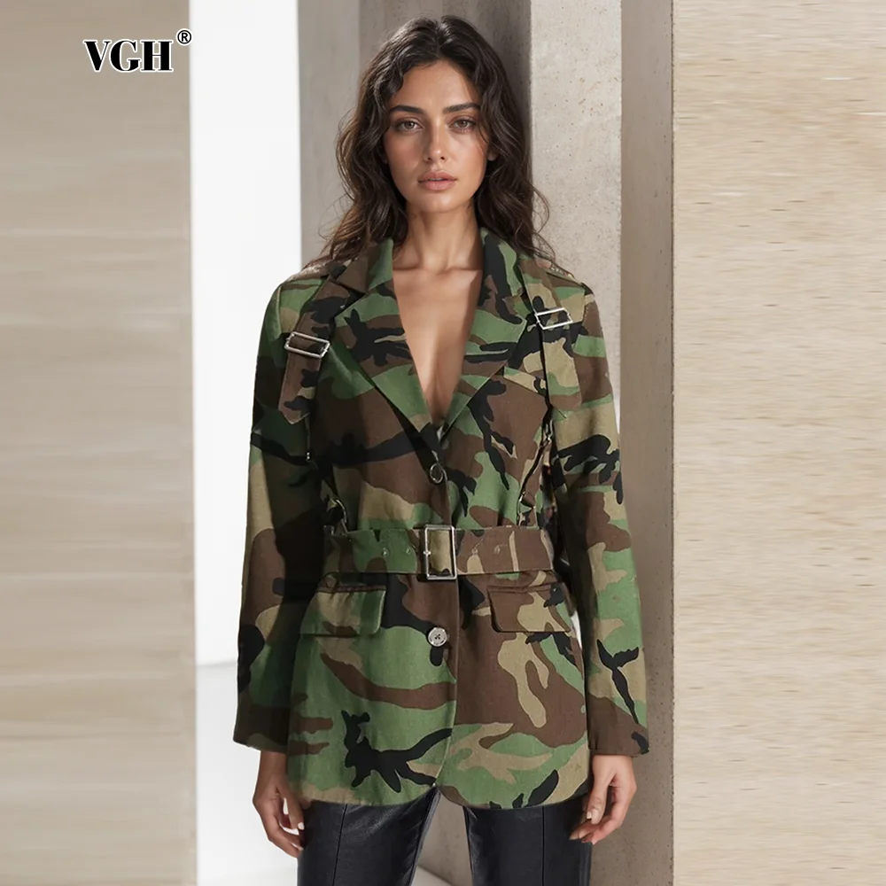 VGH Patchwork Belt camouflage Casual Blazers For Women Notched Collar Long Sleeve Spliced Button Temperament Blazer Female New