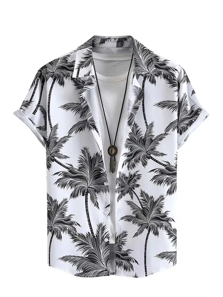 

2024 Hawaiian Shirts for Men Tropical Coconut Tree Print Short Sleeve Shirt Summer Beach Casual Button Vacation Tops Tees