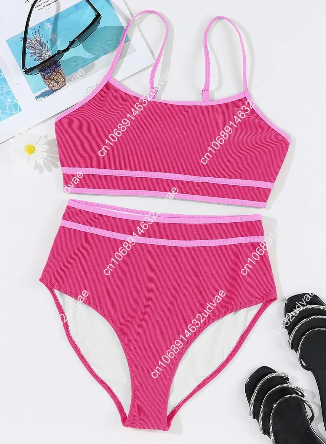 Herseas Women's Ribbed Bikini Sets Color Block Swimsuit High Waisted Bathing Suit