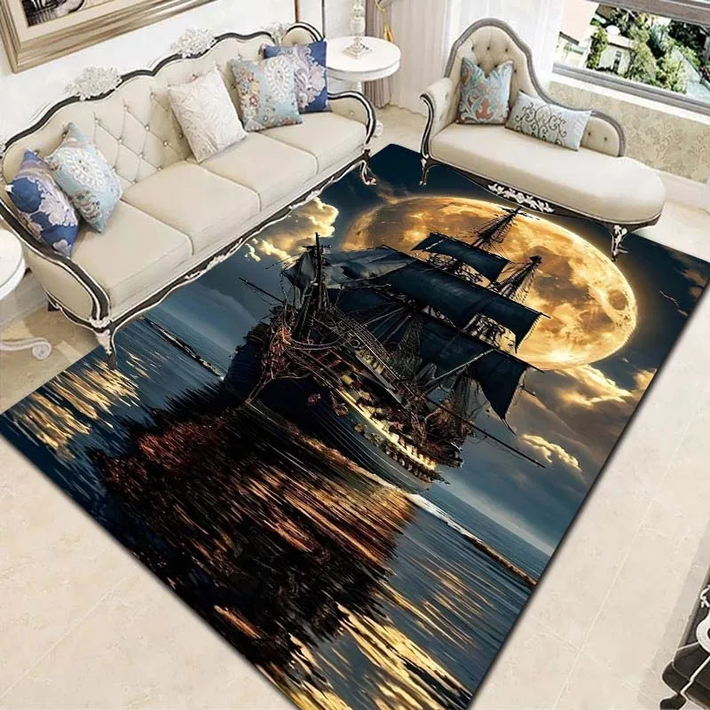 3D Vintage Ghost Pirate Vessel Sea Art Print Flannel Area Rug Non-Slip Floor Mat For Bedroom Sofa Living Room Home Decor Gift