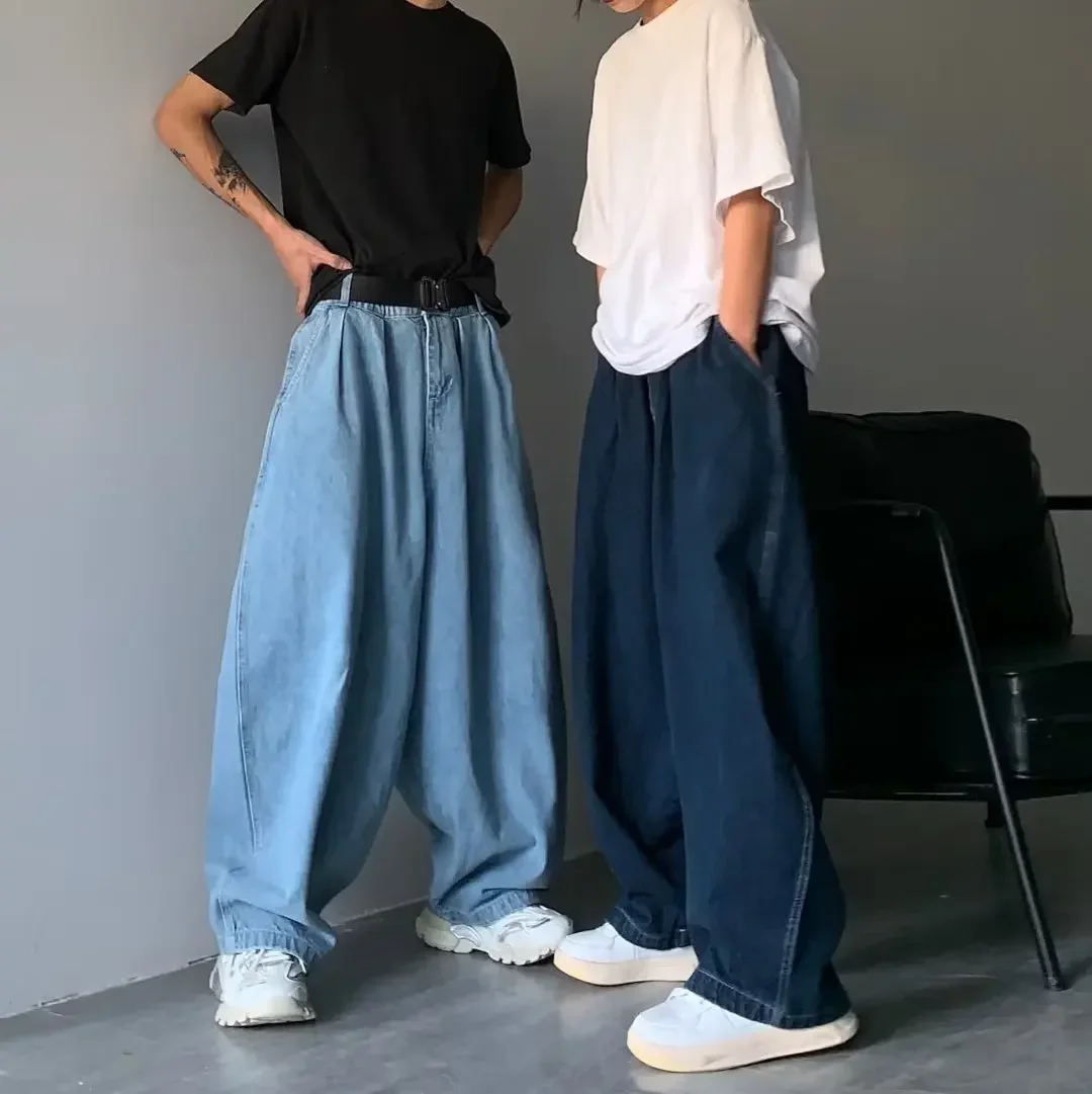 Men Wide Leg Pant Jeans Long Denim Pants Straight Trousers Elastic Waist Pocket Loose Casual Regular Solid Splice Autumn Winter