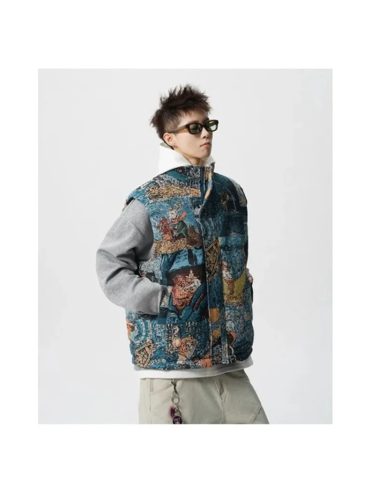 

Men's Autumn Winter New Trendy Ruffian Handsome Loose Shoulder Thickened Warm Graffiti Jacquard Vest Jacket