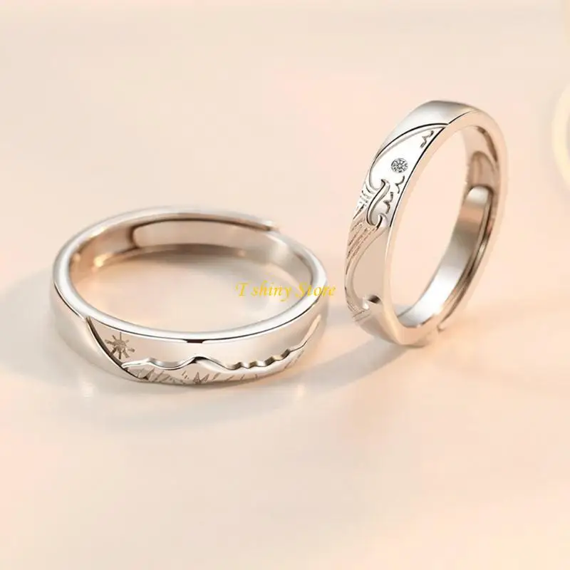 N58F Matching Rings Mountain Sea Promise Band Rings Open Ring Adjustable Lovers Ring Set for Him Her Girlfriend Boyfriend