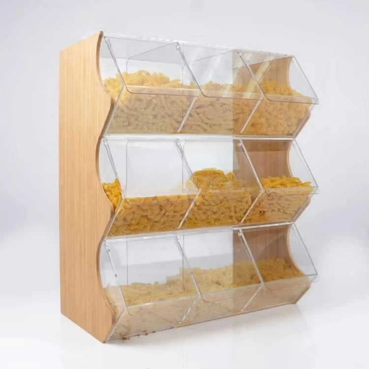 Transparent acrylic box on top of retail store counter, acrylic bulk food bucket sweet storage rack stackable candy display rack