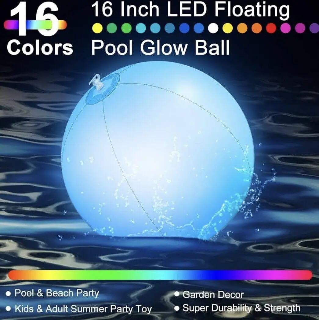 16" Rechargeable LED Glowing Inflatable Beach Ball Remote Control 16Colors Swimming Pool Play Balls Water Party Game Sports
