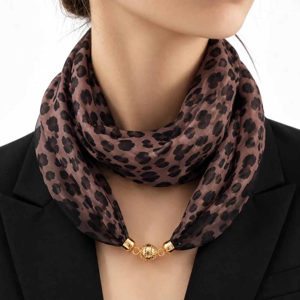 Minimalist Soft Magnetic Buckle Scarf Magnetic Snap Thin Leopard Print Square Scarf Adjustable Lightweight Neck Warmer Women