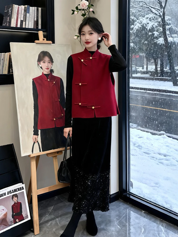 

Красный шерстяной жилет Jaet, женская верхняя одежда в китайском стиле, повседневный теплый воротник-стойка средней длины, без пуговиц, без шляпы, дизайн