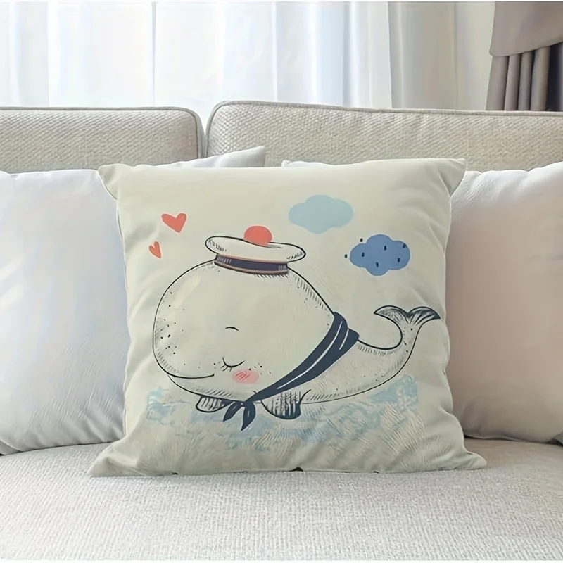 Contemporary Linen Throw Pillow Cover 18x18 Inch - Cute Marine Whale in Sailor Suit Design with Love Waves, Machine Washable with Zipper Closure for Various Room Types - Single Sided, Woven (1PC, Pillow Cover Only)