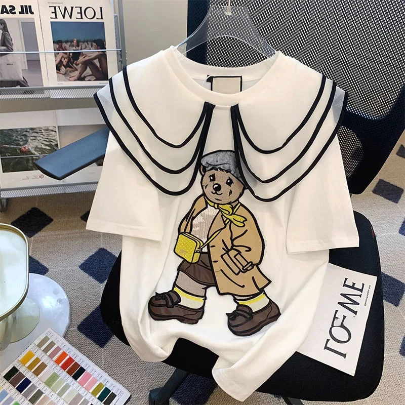 

plus Size Women's T-irt Summer Loose Fit ort Sve Doll Collar Casual Versatile Top Korean Sle And Pear aped
