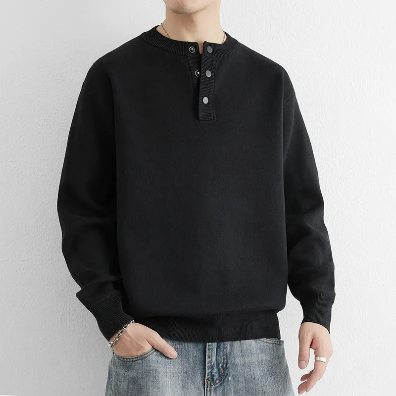 

Мужской свитер в американском стиле из чистого хлопка, черный, свободного кроя, с воротником хенли, вязаная верхняя одежда, повседневный, с круглым вырезом, на пуговицах, без застежки