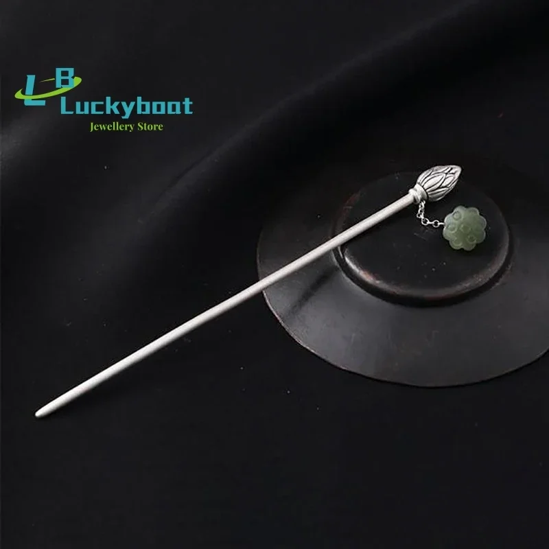 

Chinese Retro Hanfu Accessories Hairpin Plated White Gold Female Costume Lotus Pod Jade Head Jewelry Tassel Ethni