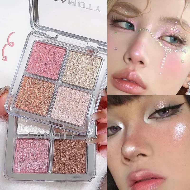 Paleta de polvo resaltador de diamante, 4 colores, brillo, contorno de cara, brillo de maquillaje, cosmético iluminado ultraconcentrado