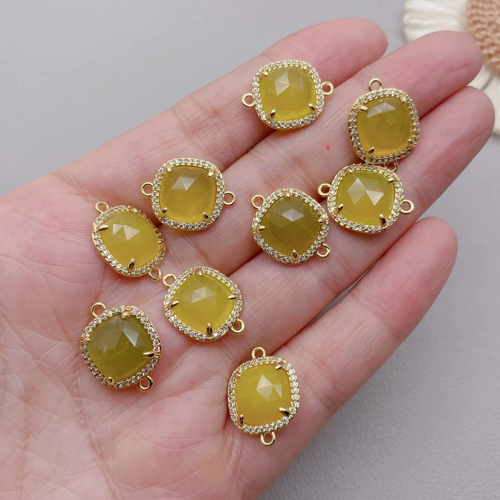 10 Pcs 12mm cz pave faceted Square Yellow Lemon Jade  Double bail connector  Accessories
