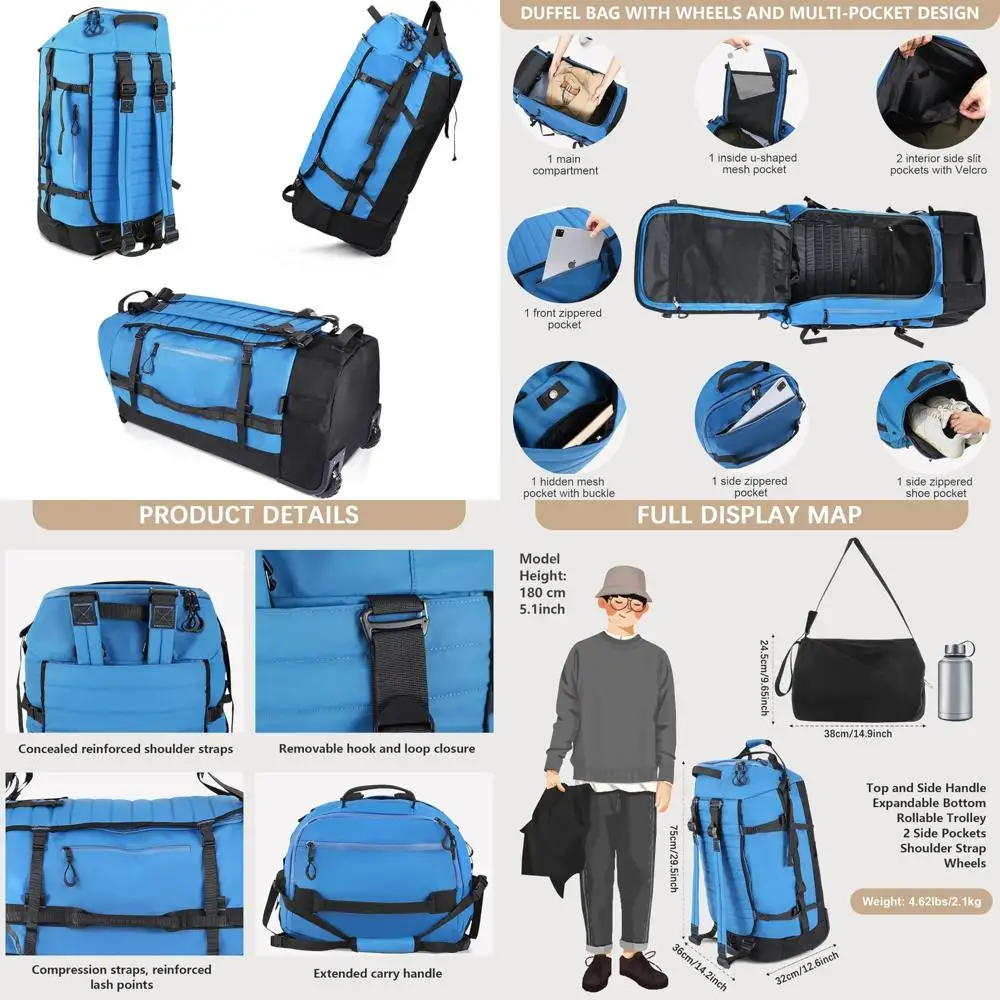 

Спортивная сумка на колесиках, 86 л, мягкий корпус, регулируемые ручки, размер ручной клади, складной дорожный багаж с двумя колесами