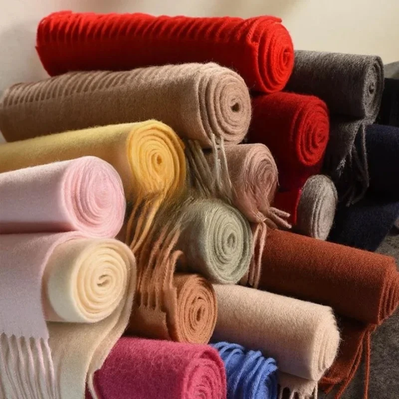 

Knitted Scarf Women 100% Wool Winter Warm Scarves Bright Solid Color Design Thickened Shawl Soft Cashmere Pashmina Neck 2025 NEW
