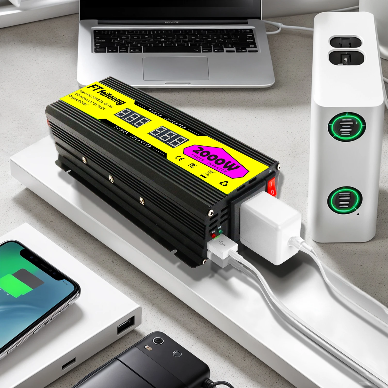 FT feiteeng 1000W 2000W Convertitore da 12V a 110V con display LED e 2 porte USB - per auto, camper e backup di emergenza