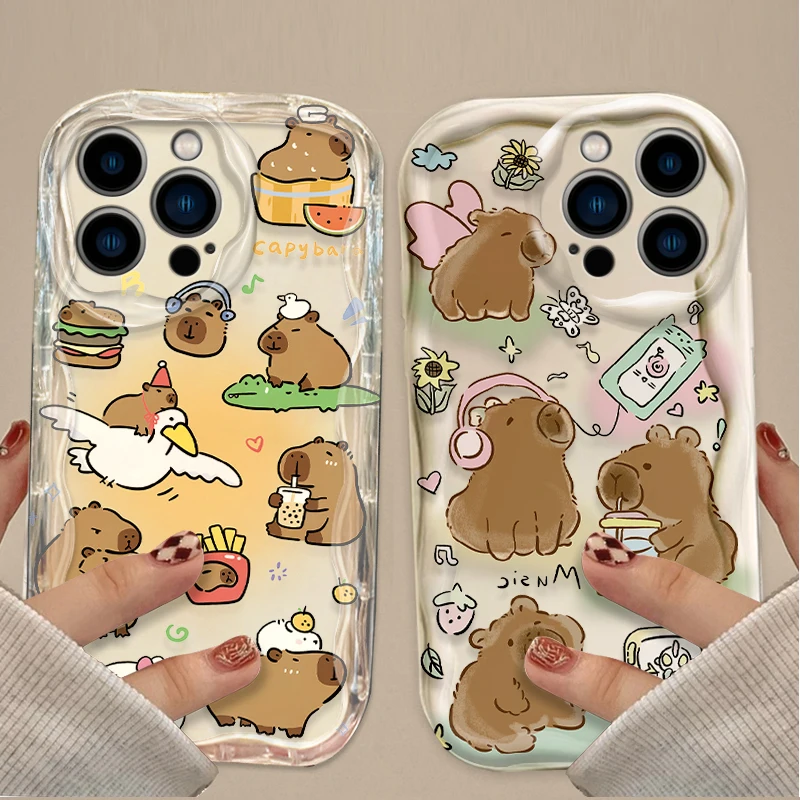 Lovely Cartoon Capybara 3D Wave Case For iPhone 16 15 14 13 12 11 Pro Max X XR XS 8 7 Plus SE 2020 TPU Silicone Shockproof Cover