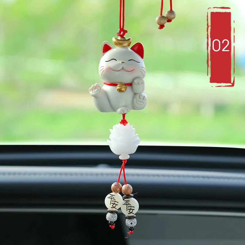 Lucky Cat Pendant Luxury Car Rearview Mirror Creative Ping An Lucky Cat Decorative Hanging Ladies Car Interior Accessories