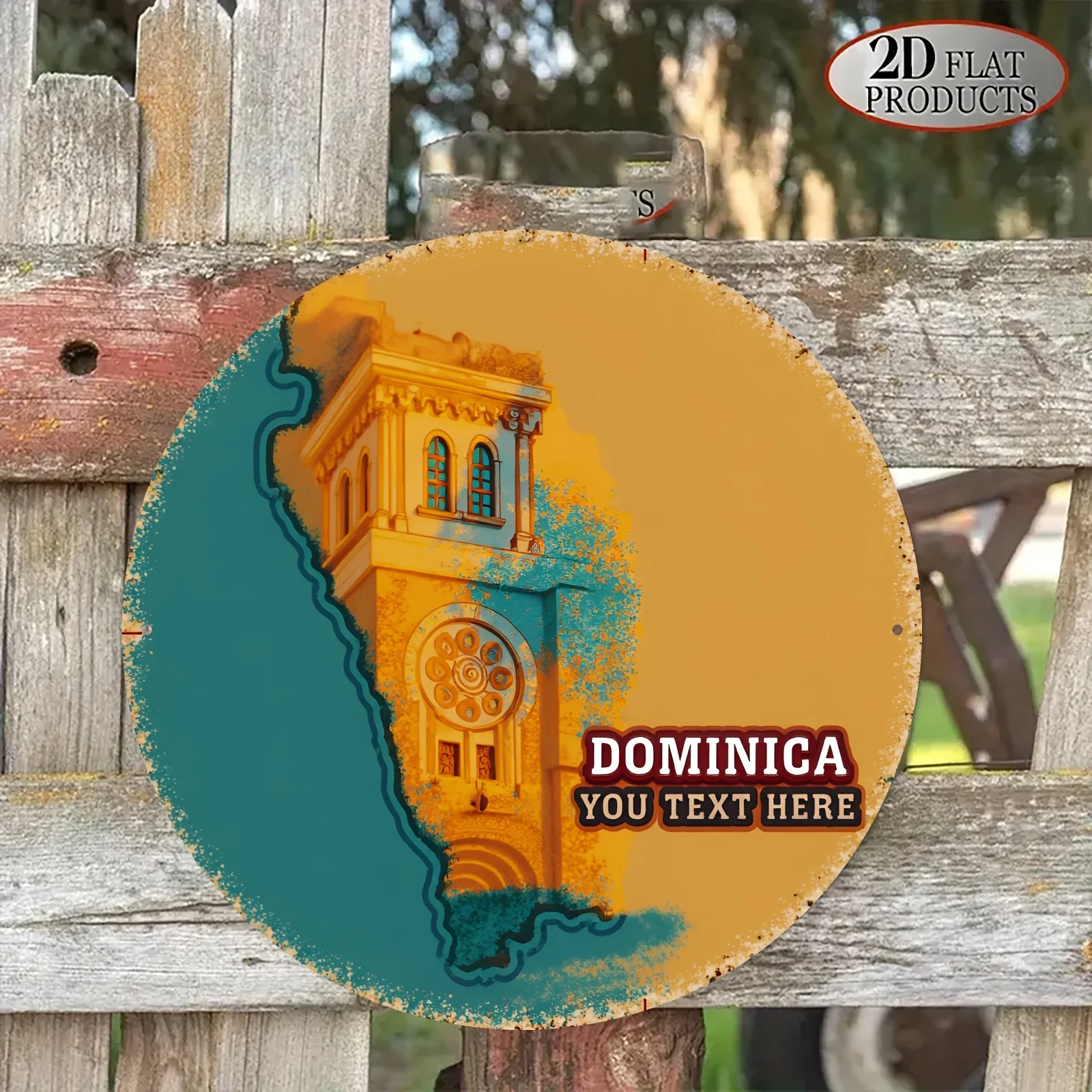 Vintage Dominica Customizable Round Tin Sign, Retro Distressed Caribbean Island Landmark Building Metal Wall Art, Rustic Persona
