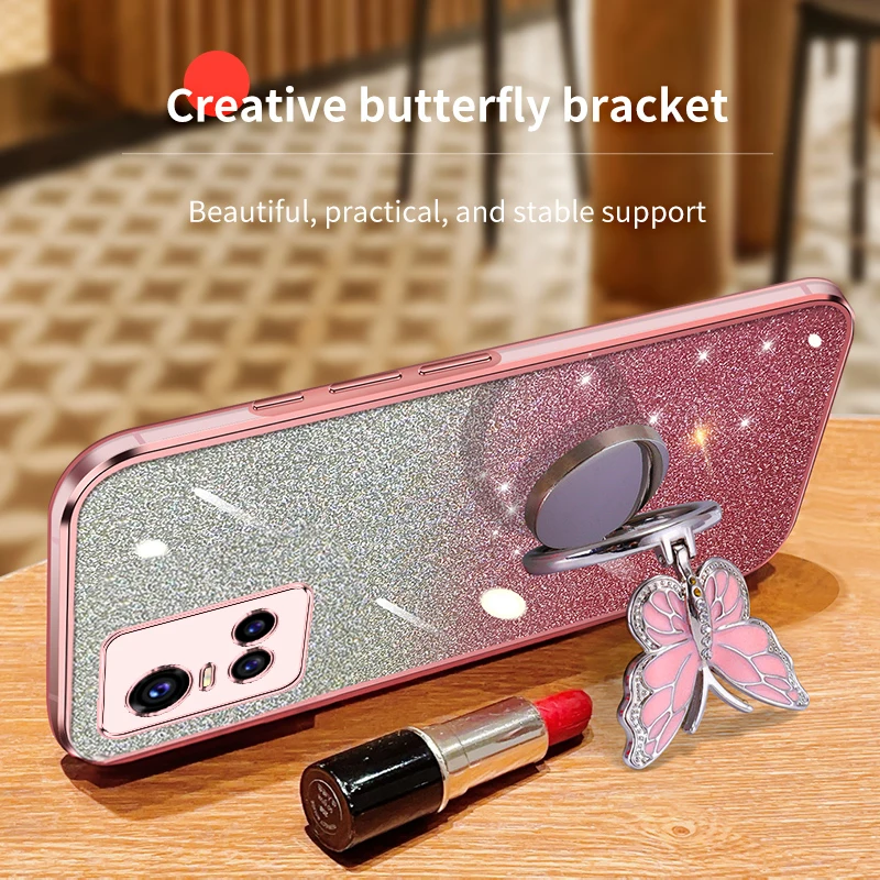 Luxury Fashion Glitter Case For VIVO IQOO NEO 3 5 6 7 8 9 For Vivo IQOO Z3 Z7i Z8 Z9 Butterfly Bracket Soft Silicone Phone Cover