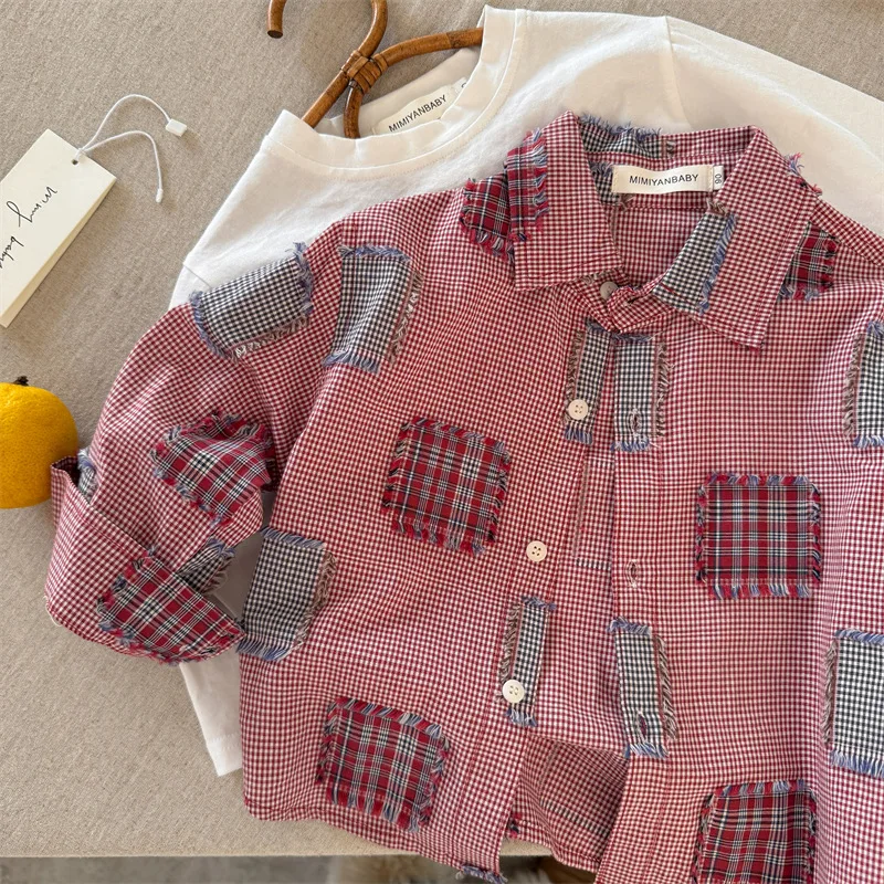 

Spring New Boys and Girls Plaid Shirts Baby Personality Patch Shirts Children's Shirts 2025