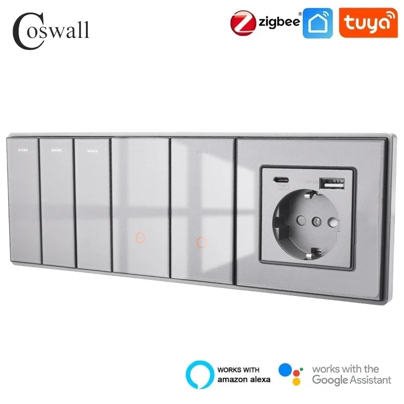 COSWALL Grey Glass Panel Zigbee On / Off Switch & Scene Switch Yandex, EU Socket USB Quick Charger TV RJ45 Modules DIY