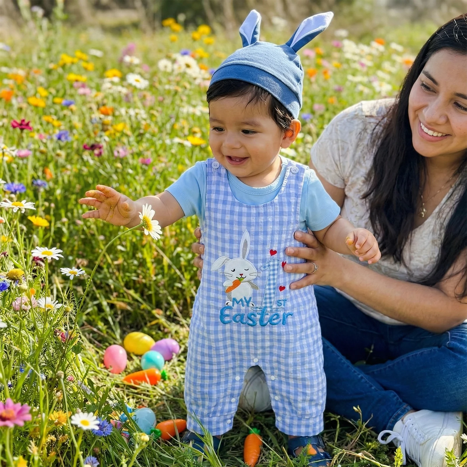 Baby Boy First Easter Outfit Solid Short Sleeve Romper Striped/Plaid Overall Pants and Bunny Ears Hat 3 Piece Spring Set