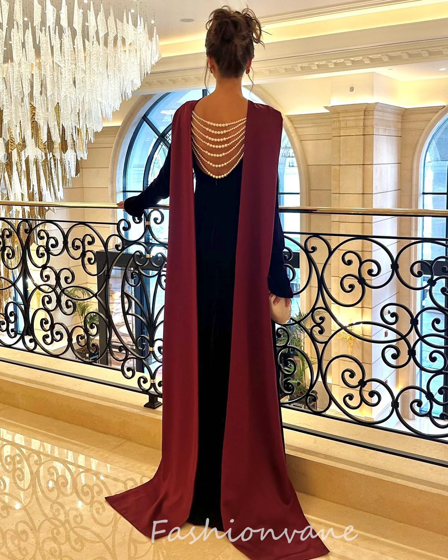 

Fashionvane Backless Pearls Velvet Prom Dresses Mermaid Floor Length Burgundy Saudi Arabia Elegant Party Dresses For Women 2024