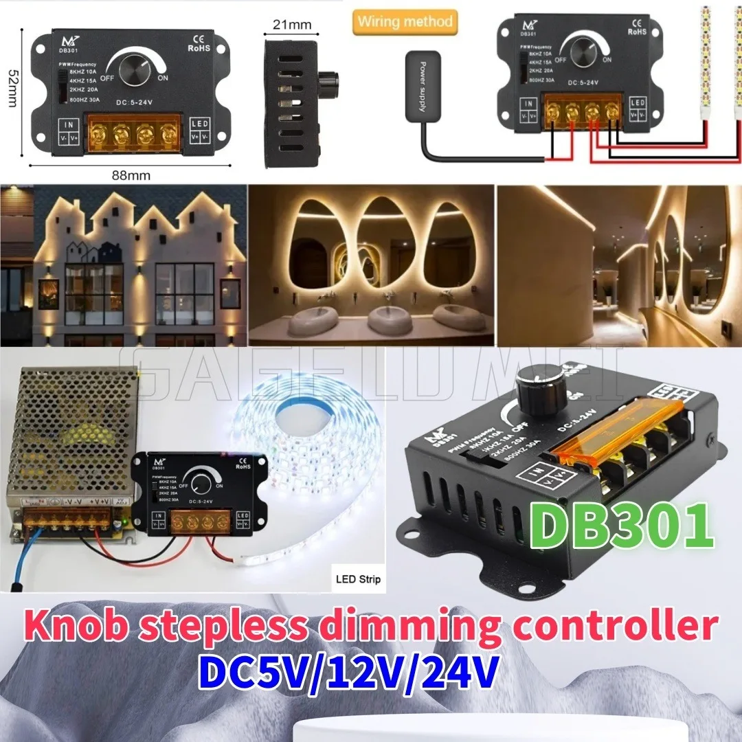 5-24V,No Flicker-Frequency Adjustable,Knob frequency adjustable stepless dimming controller,Suitable for single color LED strips