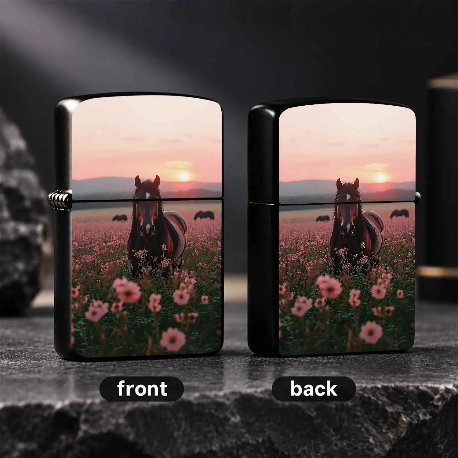 Romantic Sunset Wildflower Field Horse Print Lighter, Exquisite Portable Daily Use Ignition Accessory, Ideal For Indoor Outdoor Scenes, Nice Gift Choice For Friends Family, Aesthetic Pastoral Decor Practical Ignition To A Humorous And Inter