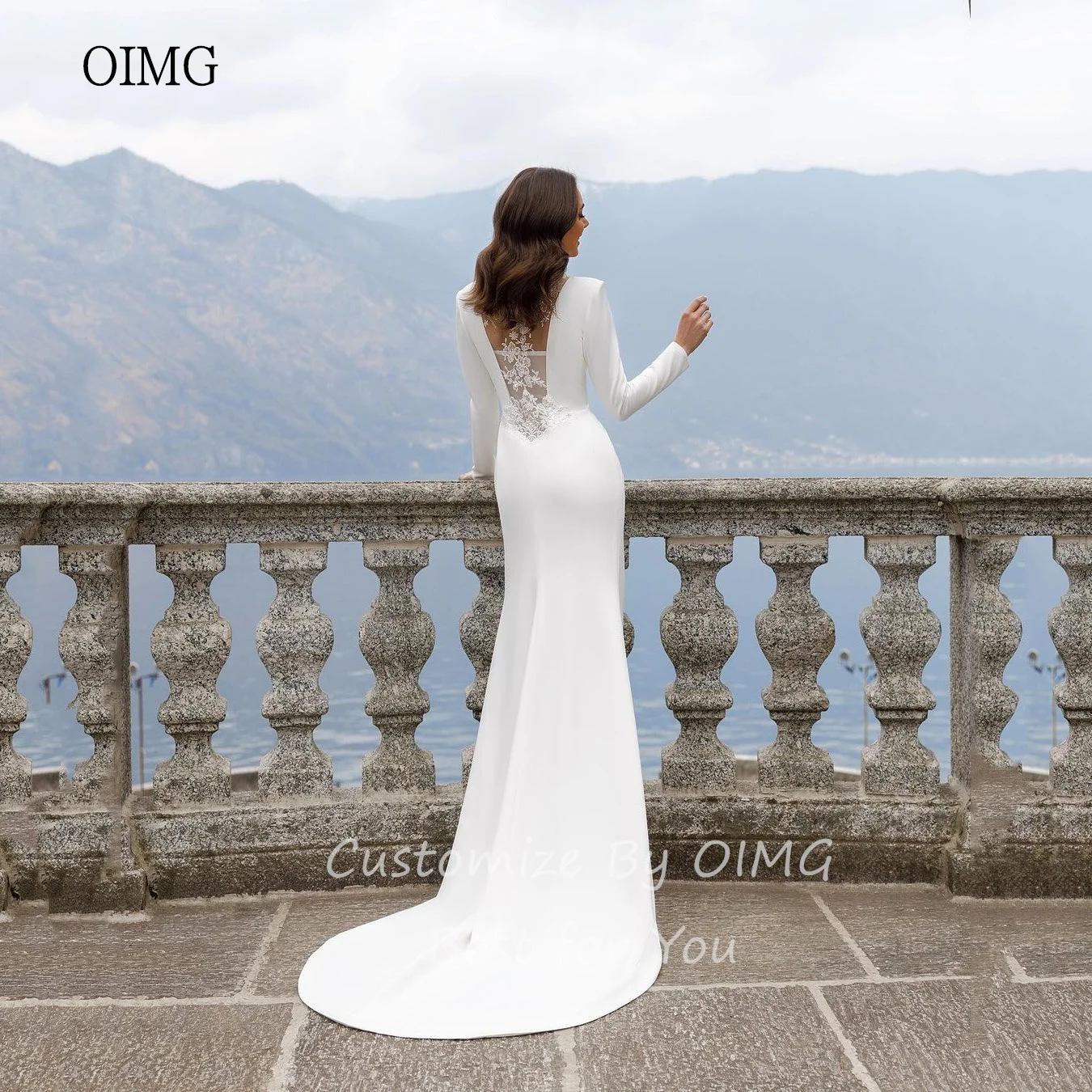 OIMG-vestido de novia moderno de color marfil, vestidos de novia de manga larga de sirena, largo hasta el suelo de encaje, vestidos de novia personalizados