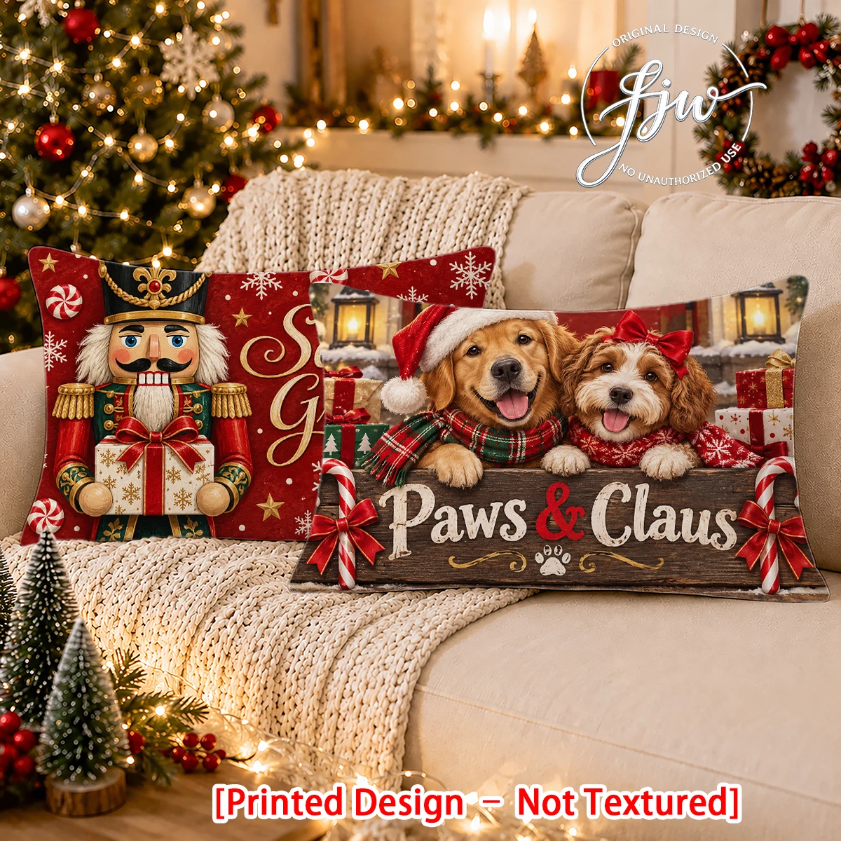 2pc Christmas Throw Pillow Covers Set of 2, Cute Dogs & Nutcracker Xmas Decorative Cushion Cases for Home Sofa Couch