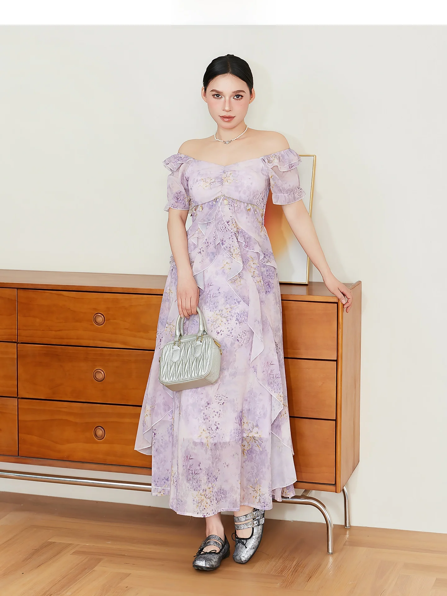 

Flattering plus Size Women's Dress Summer Floral Print High Waist Slimming Belly Covering Age-Defying Purple Long Dress