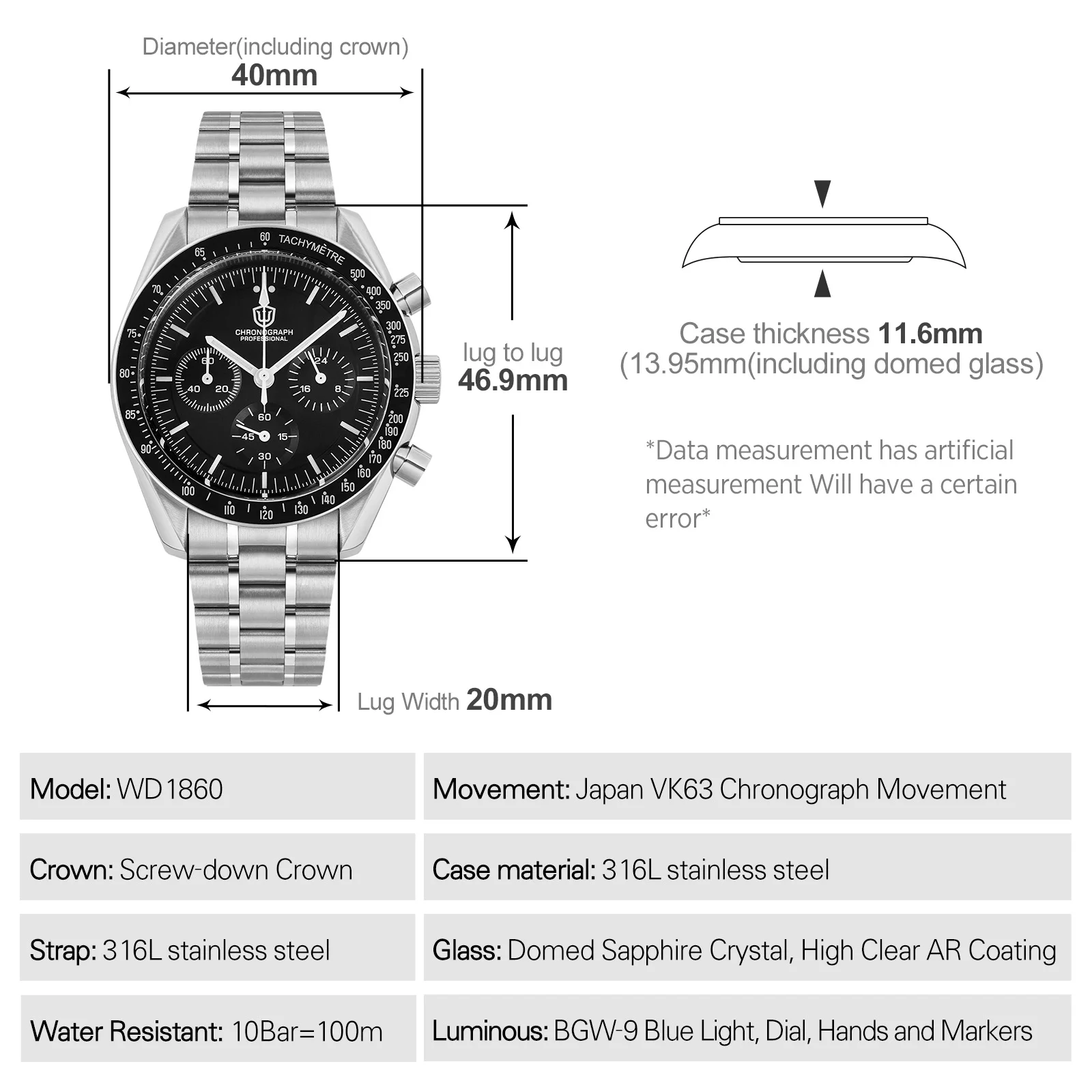 Watchdives WD1860 Кварцевые часы VK63 Механизм хронографа Сапфировое стекло BGW9 Светящиеся 20 бар Водонепроницаемые 40 мм Винтажные часы