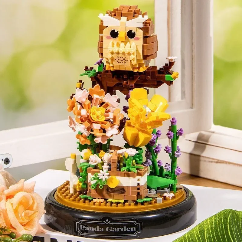 Flower Bouquet Dust Cover Owl Bird Set Building Blocks Cute Animal Bonsai Collection  Educational Toys Model for Christmas Gift