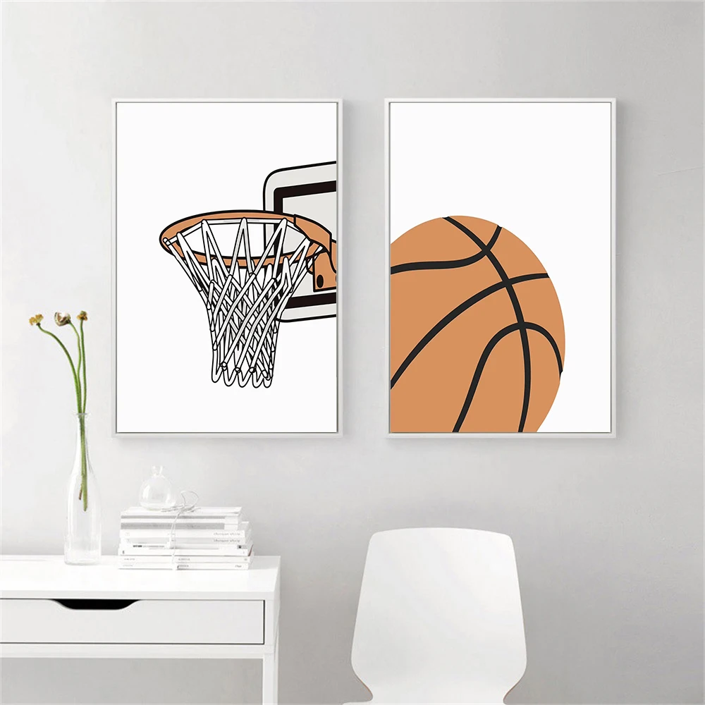 Simple Line Sports Themed Canvas Print Basketball Hoop Football Jersey Trophy Wall Art Kids Room Gym Interior Decorative Poster