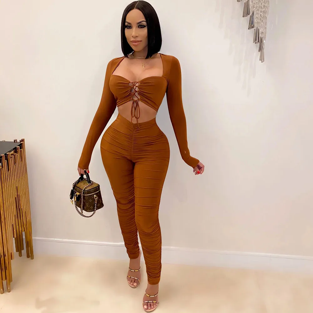 Women Crop Top and Pencil Pants Sexy Club Outfits Matching Set Ruched Bandage Bodycon Two Piece Set Birthday Party Chandal Mujer